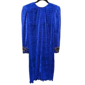 Vintage Nuit Micro Pleat Cocktail Arm cuff Sequin Dress Size 8 Blue Long Sleeve